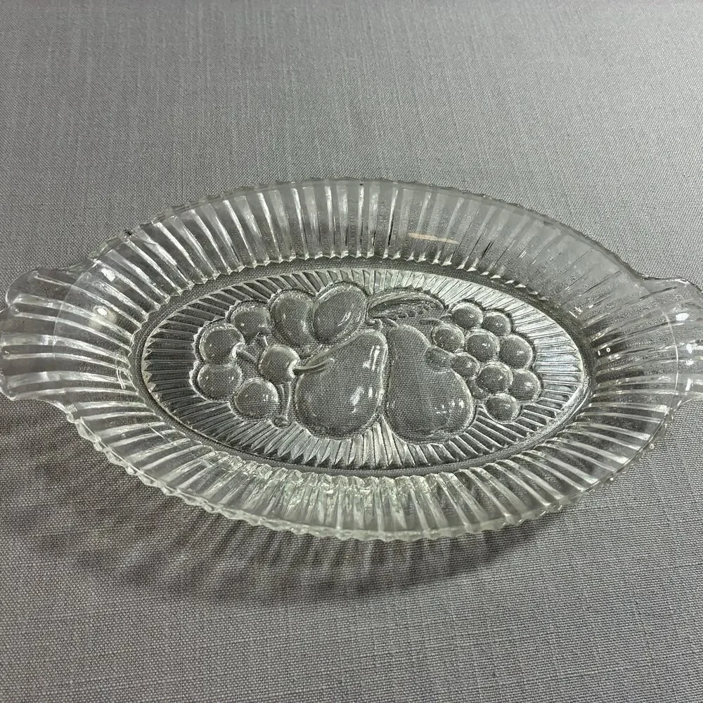 Vintage Clear Pressed Glass Relish Tray Fruit Pattern Oval Serving Dish 9.5 Inch